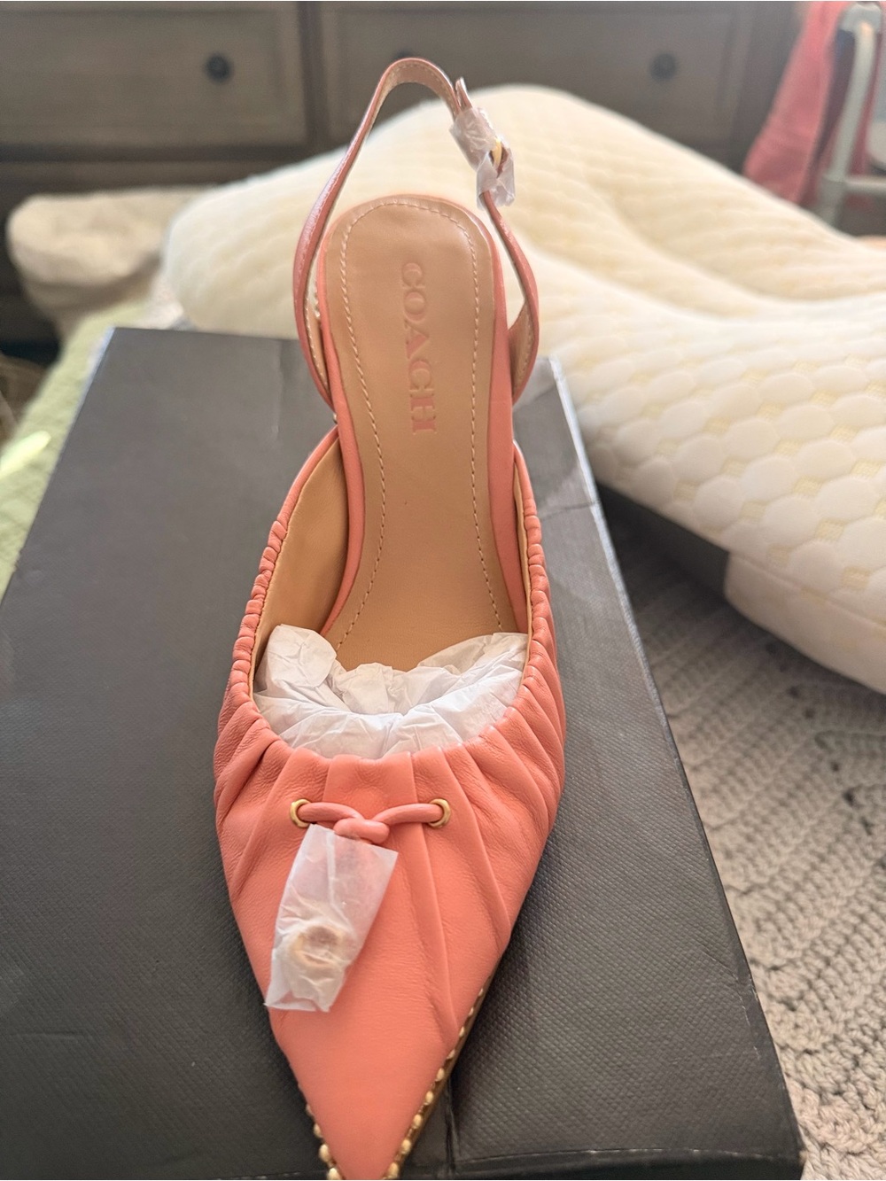 Coach Pink Ruched Pointed Slingback Flats with Stud Trim - Picture 6 of 8
